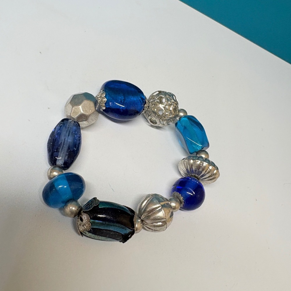 Chunky Blue Art Glass and Silver Tone Filigree Stretch Bead Statement Bracelet